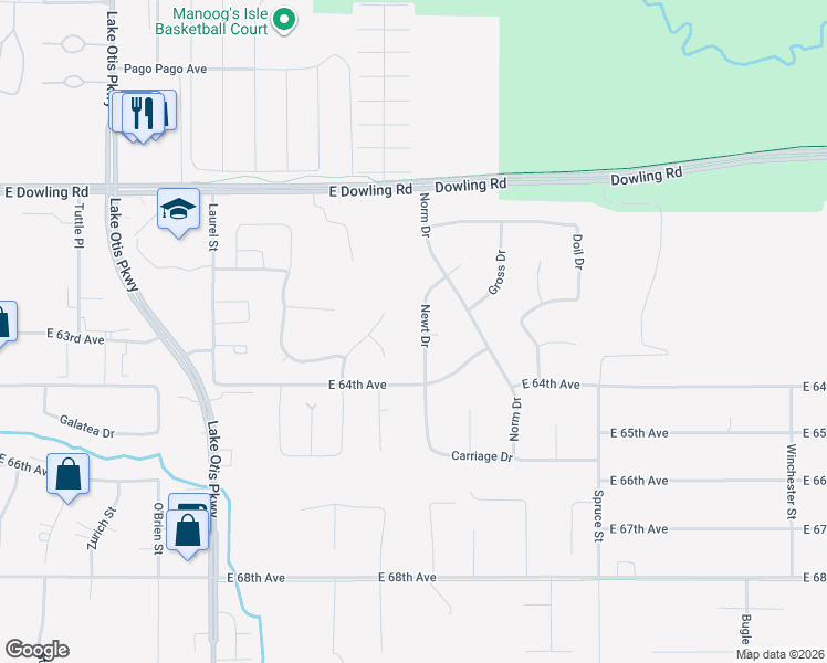 map of restaurants, bars, coffee shops, grocery stores, and more near 6300 Newt Drive in Anchorage