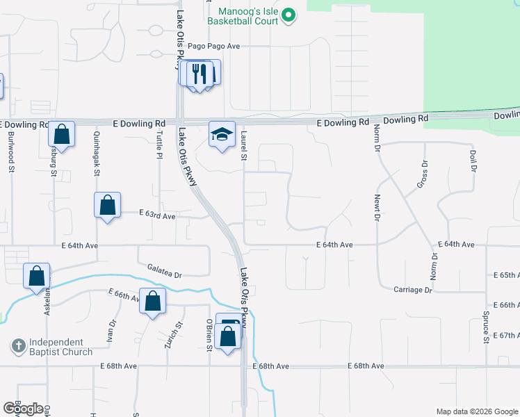 map of restaurants, bars, coffee shops, grocery stores, and more near 6255 Laurel Street in Anchorage