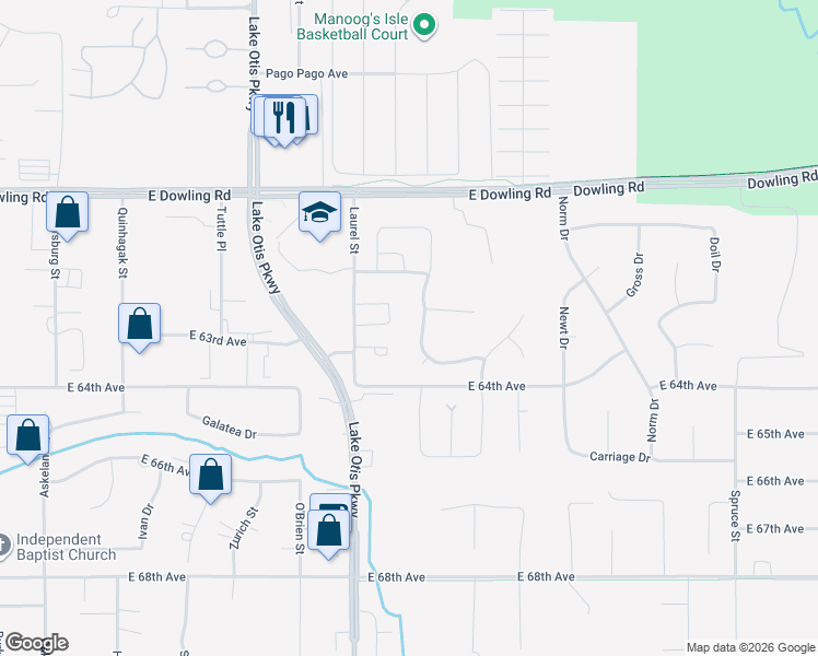 map of restaurants, bars, coffee shops, grocery stores, and more near 6236 Spruce Meadows Drive in Anchorage