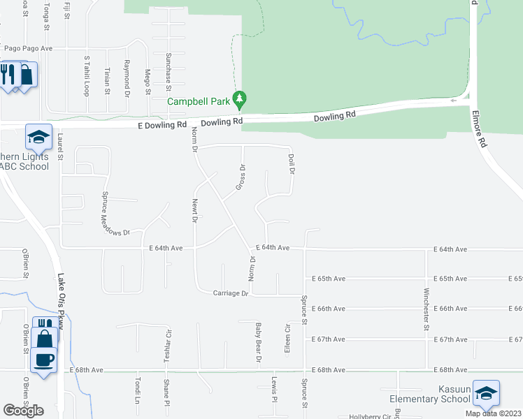 map of restaurants, bars, coffee shops, grocery stores, and more near 3311 Doil Drive in Anchorage