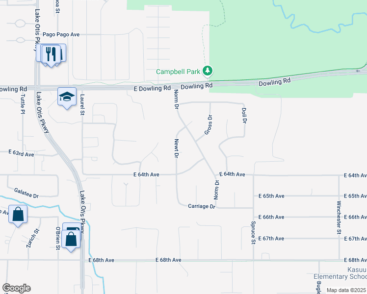 map of restaurants, bars, coffee shops, grocery stores, and more near 6271 Newt Drive in Anchorage