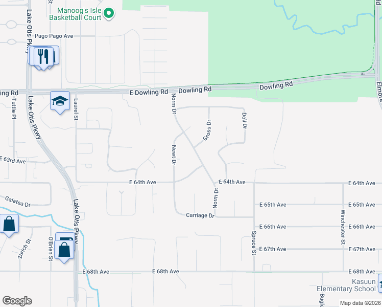 map of restaurants, bars, coffee shops, grocery stores, and more near 6260 Norm Drive in Anchorage