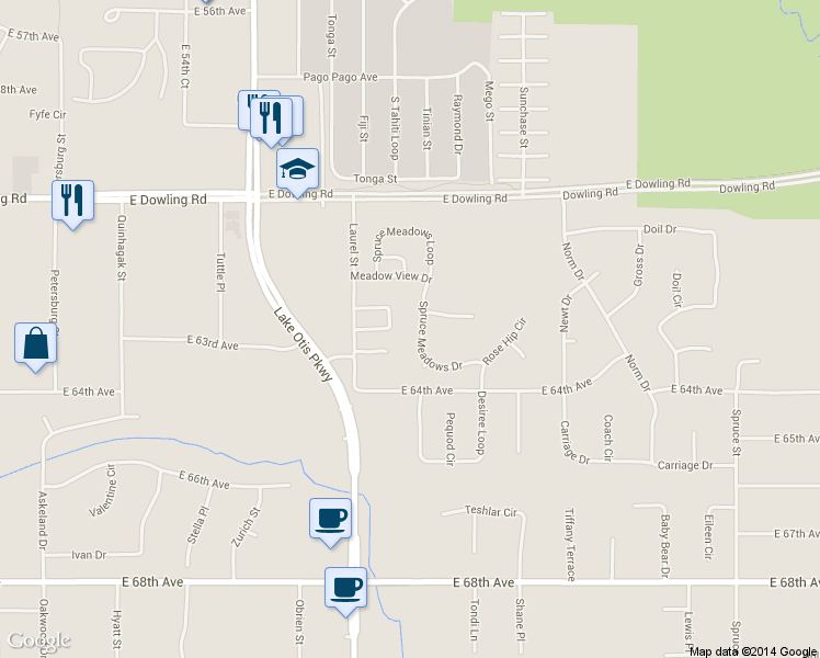 map of restaurants, bars, coffee shops, grocery stores, and more near 6236 Spruce Meadows Drive in Anchorage