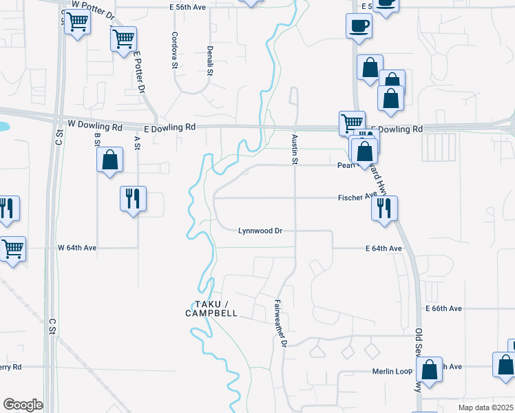map of restaurants, bars, coffee shops, grocery stores, and more near 406 Fischer Ave in Anchorage