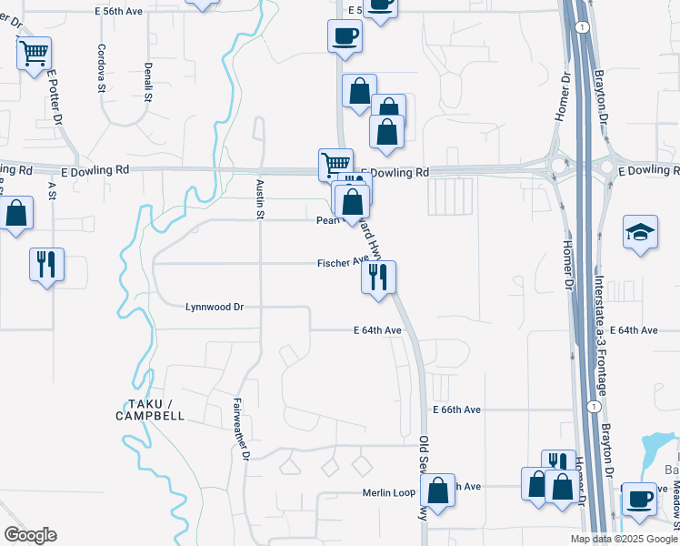 map of restaurants, bars, coffee shops, grocery stores, and more near 742 Fischer Avenue in Anchorage