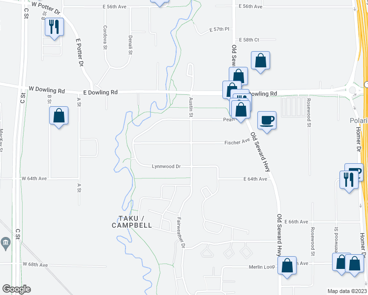 map of restaurants, bars, coffee shops, grocery stores, and more near 506 Fischer Avenue in Anchorage