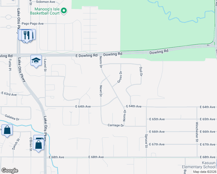 map of restaurants, bars, coffee shops, grocery stores, and more near 6260 Norm Drive in Anchorage