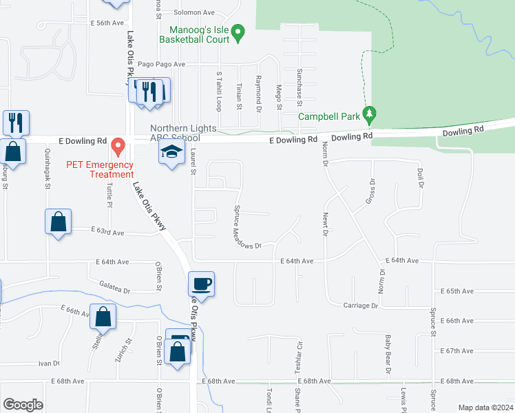 map of restaurants, bars, coffee shops, grocery stores, and more near 2829 Kristen Circle in Anchorage