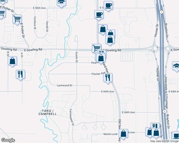 map of restaurants, bars, coffee shops, grocery stores, and more near 705 Fischer Avenue in Anchorage