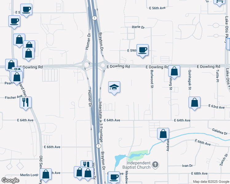 map of restaurants, bars, coffee shops, grocery stores, and more near 6200 Ashwood Street in Anchorage