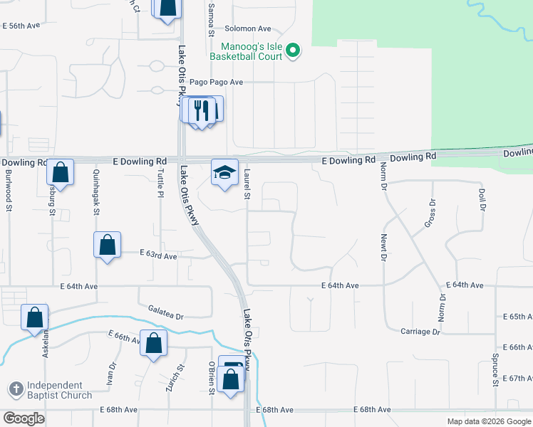 map of restaurants, bars, coffee shops, grocery stores, and more near 606 Spruce Meadows Loop in Anchorage