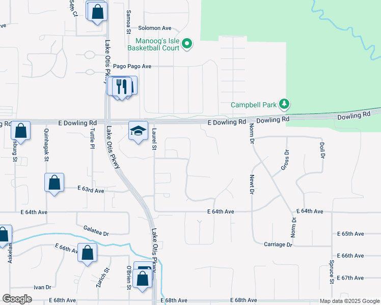 map of restaurants, bars, coffee shops, grocery stores, and more near 6175 Spruce Meadows Loop in Anchorage