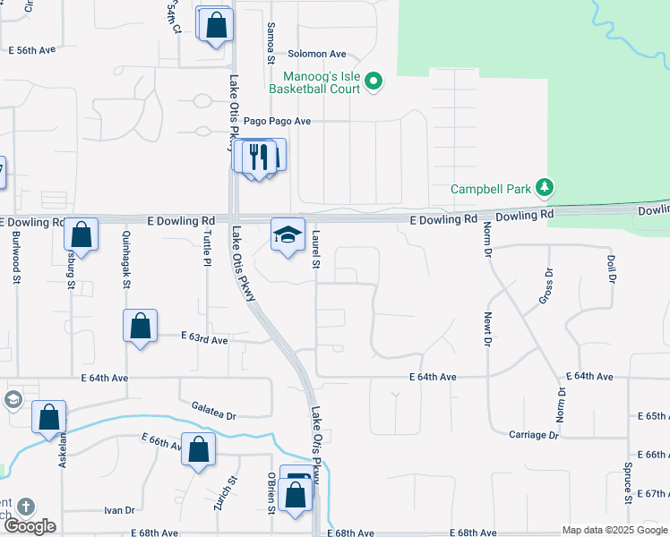 map of restaurants, bars, coffee shops, grocery stores, and more near 606 Spruce Meadows Loop in Anchorage