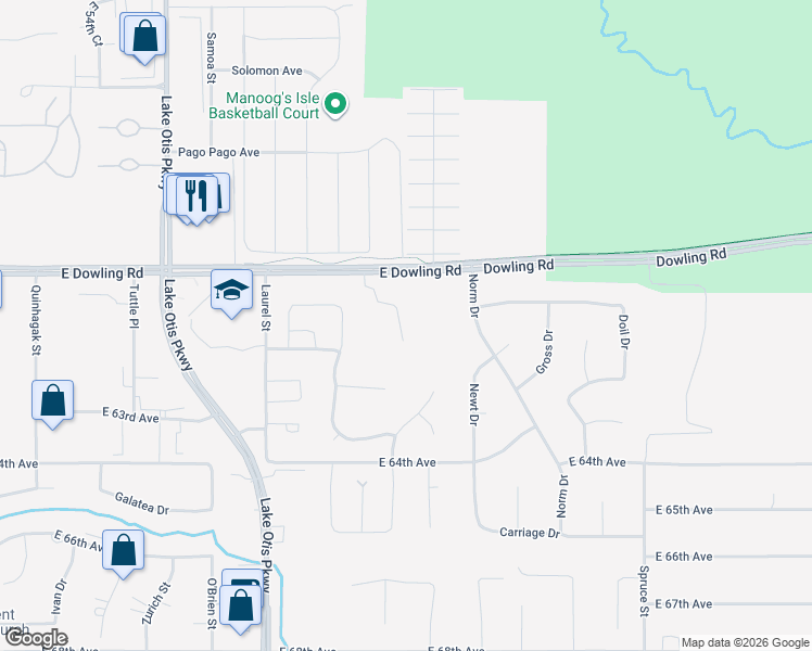 map of restaurants, bars, coffee shops, grocery stores, and more near 2800 East Dowling Road in Anchorage