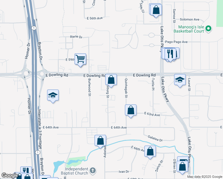 map of restaurants, bars, coffee shops, grocery stores, and more near 2000 East Dowling Road in Anchorage