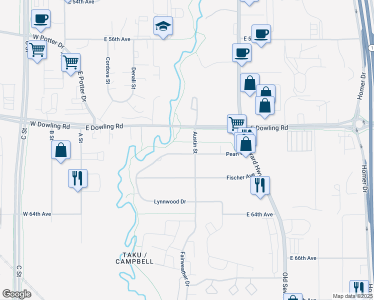 map of restaurants, bars, coffee shops, grocery stores, and more near 525 Lynnwood Drive in Anchorage