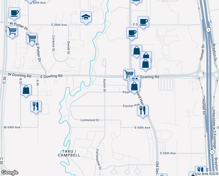 map of restaurants, bars, coffee shops, grocery stores, and more near 615 Pearl Drive in Anchorage