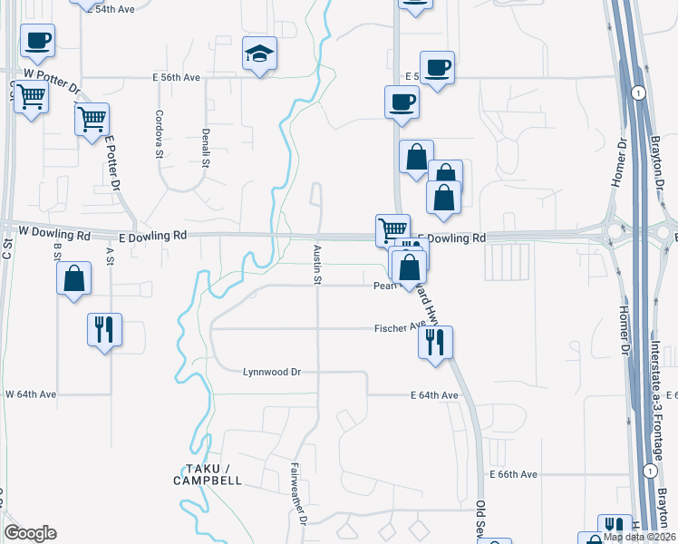 map of restaurants, bars, coffee shops, grocery stores, and more near 615 Pearl Drive in Anchorage