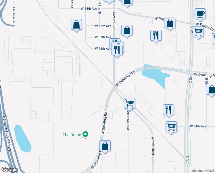 map of restaurants, bars, coffee shops, grocery stores, and more near 6141 Electron Drive in Anchorage