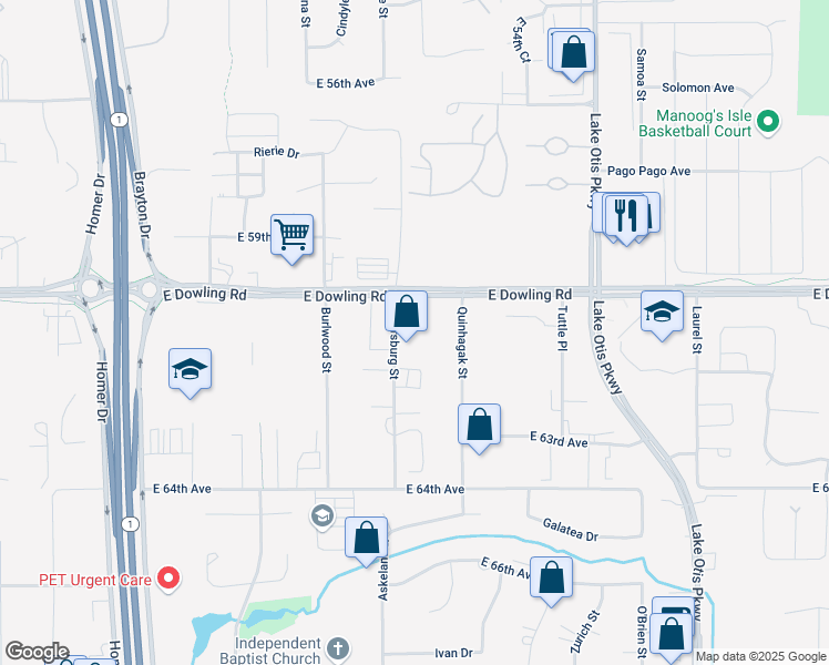 map of restaurants, bars, coffee shops, grocery stores, and more near 2000 East Dowling Road in Anchorage