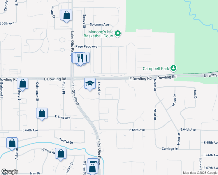 map of restaurants, bars, coffee shops, grocery stores, and more near 606 Spruce Meadows Loop in Anchorage