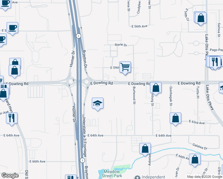 map of restaurants, bars, coffee shops, grocery stores, and more near 1642 East Dowling Road in Anchorage