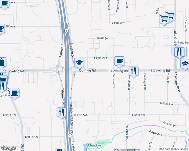 map of restaurants, bars, coffee shops, grocery stores, and more near 1642 East Dowling Road in Anchorage