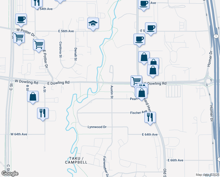 map of restaurants, bars, coffee shops, grocery stores, and more near 525 Lynnwood Drive in Anchorage