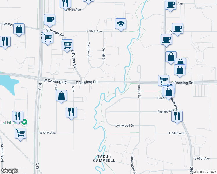 map of restaurants, bars, coffee shops, grocery stores, and more near 300 East Dowling Road in Anchorage
