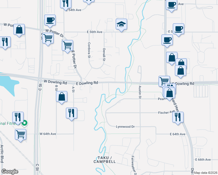 map of restaurants, bars, coffee shops, grocery stores, and more near 300 East Dowling Road in Anchorage