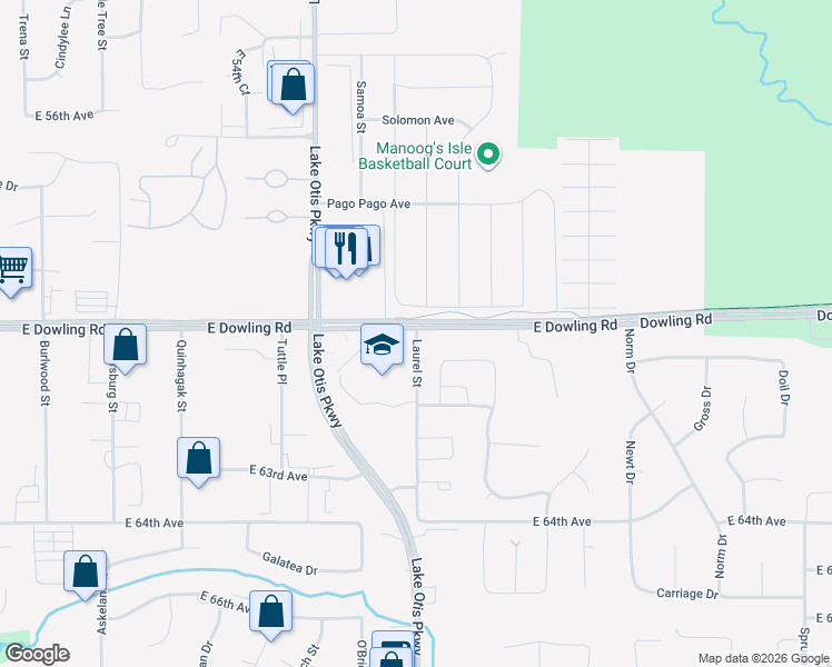 map of restaurants, bars, coffee shops, grocery stores, and more near 5906 Fiji Street in Anchorage