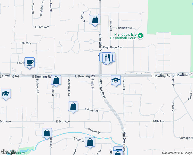 map of restaurants, bars, coffee shops, grocery stores, and more near 2251 East Dowling Road in Anchorage