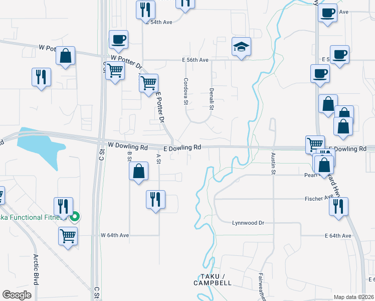 map of restaurants, bars, coffee shops, grocery stores, and more near 5931 Denali Street in Anchorage
