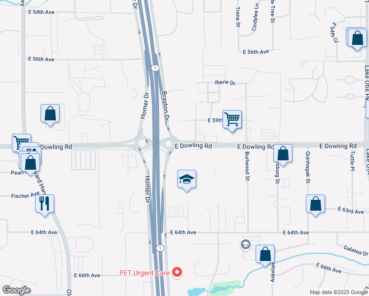 map of restaurants, bars, coffee shops, grocery stores, and more near 1568 East Dowling Road in Anchorage