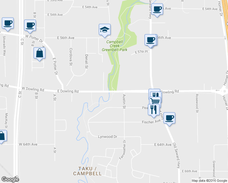 map of restaurants, bars, coffee shops, grocery stores, and more near 531 East Dowling Road in Anchorage