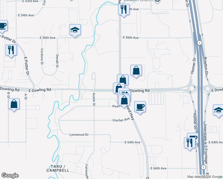 map of restaurants, bars, coffee shops, grocery stores, and more near 733 East Dowling Road in Anchorage