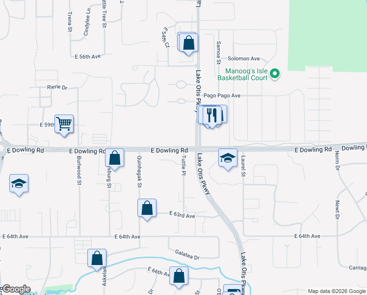 map of restaurants, bars, coffee shops, grocery stores, and more near 2251 East Dowling Road in Anchorage