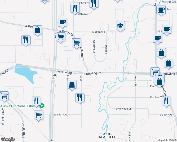 map of restaurants, bars, coffee shops, grocery stores, and more near 5942 Franklin Drive in Anchorage