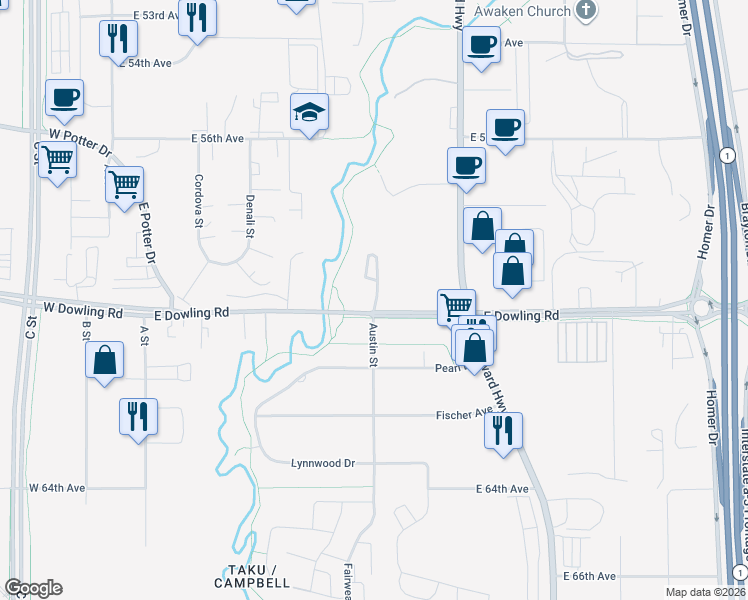 map of restaurants, bars, coffee shops, grocery stores, and more near 575 East Dowling Road in Anchorage