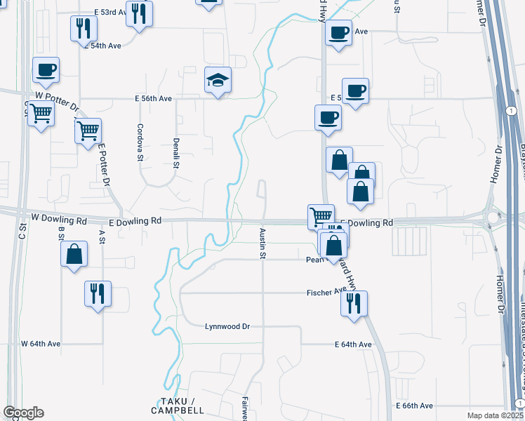 map of restaurants, bars, coffee shops, grocery stores, and more near 575 East Dowling Road in Anchorage