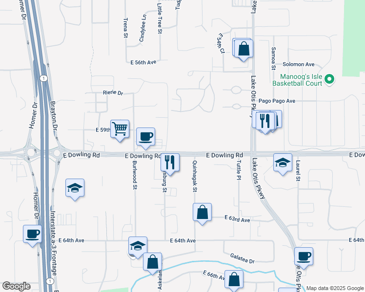 map of restaurants, bars, coffee shops, grocery stores, and more near 5915 Petersburg Street in Anchorage