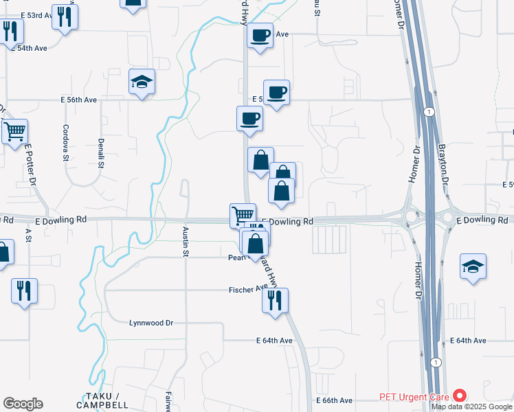 map of restaurants, bars, coffee shops, grocery stores, and more near 5947 Old Seward Highway in Anchorage