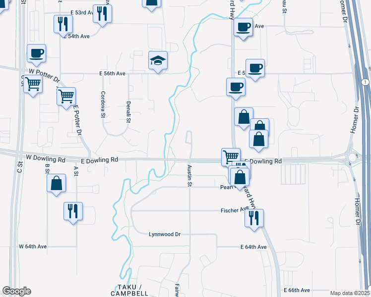 map of restaurants, bars, coffee shops, grocery stores, and more near 575 East Dowling Road in Anchorage