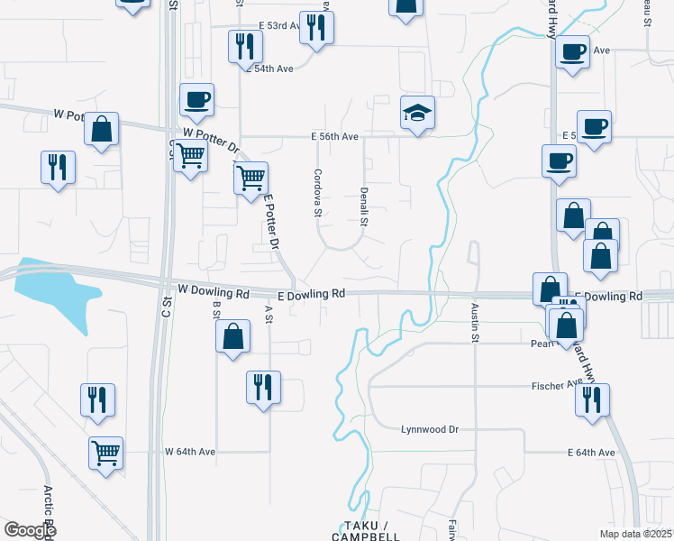 map of restaurants, bars, coffee shops, grocery stores, and more near 5931 Denali Street in Anchorage