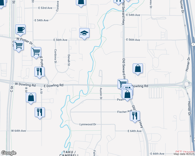 map of restaurants, bars, coffee shops, grocery stores, and more near 575 East Dowling Road in Anchorage