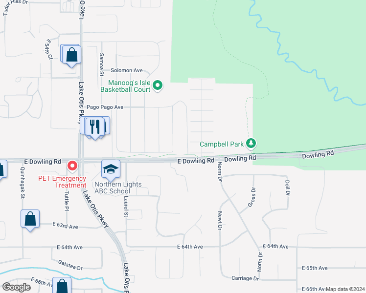 map of restaurants, bars, coffee shops, grocery stores, and more near 5916 Mego Street in Anchorage