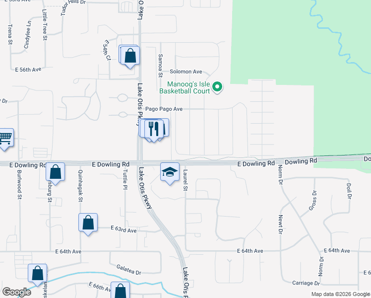 map of restaurants, bars, coffee shops, grocery stores, and more near 5906 Fiji Street in Anchorage