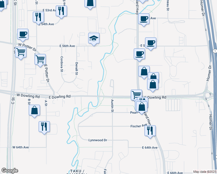 map of restaurants, bars, coffee shops, grocery stores, and more near 575 East Dowling Road in Anchorage