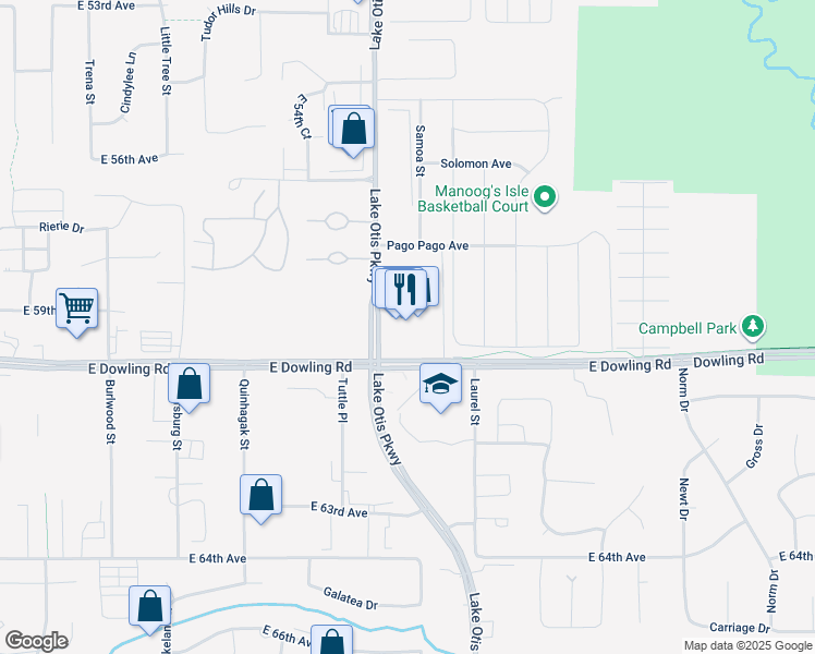 map of restaurants, bars, coffee shops, grocery stores, and more near 5915 Lake Otis Parkway in Anchorage