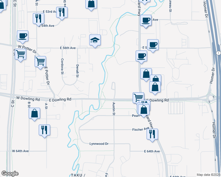 map of restaurants, bars, coffee shops, grocery stores, and more near 575 East Dowling Road in Anchorage
